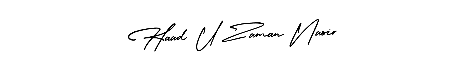 The best way (AmerikaSignatureDemo-Regular) to make a short signature is to pick only two or three words in your name. The name Haad U Zaman Nasir include a total of six letters. For converting this name. Haad U Zaman Nasir signature style 3 images and pictures png