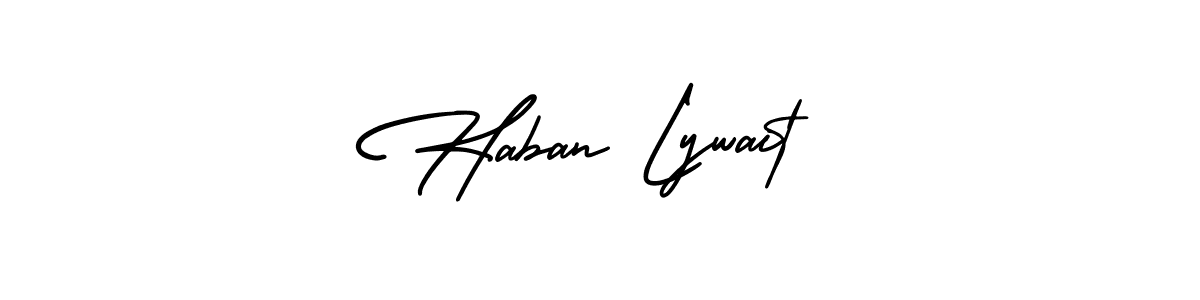 You should practise on your own different ways (AmerikaSignatureDemo-Regular) to write your name (Haban Lywait) in signature. don't let someone else do it for you. Haban Lywait signature style 3 images and pictures png