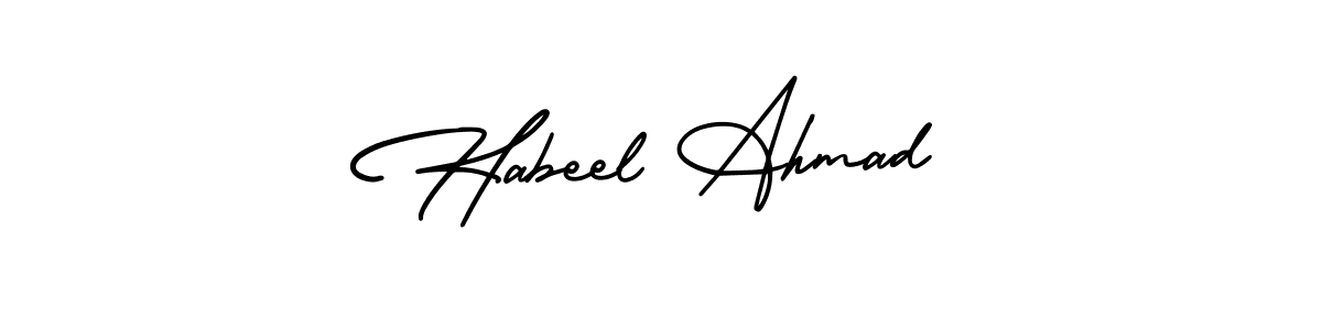 You should practise on your own different ways (AmerikaSignatureDemo-Regular) to write your name (Habeel Ahmad) in signature. don't let someone else do it for you. Habeel Ahmad signature style 3 images and pictures png