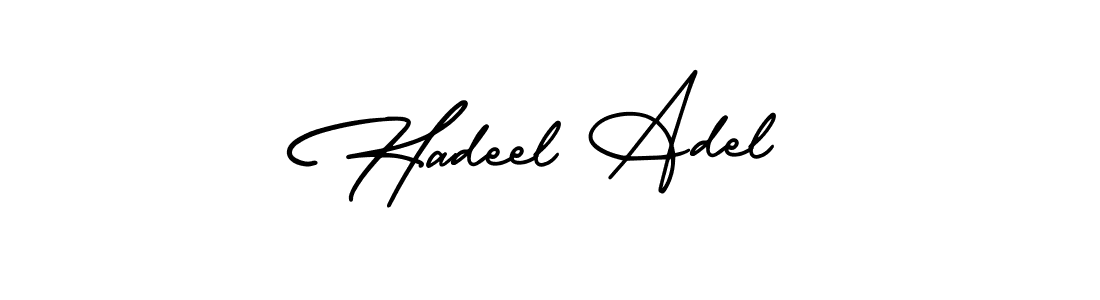 You should practise on your own different ways (AmerikaSignatureDemo-Regular) to write your name (Hadeel Adel) in signature. don't let someone else do it for you. Hadeel Adel signature style 3 images and pictures png