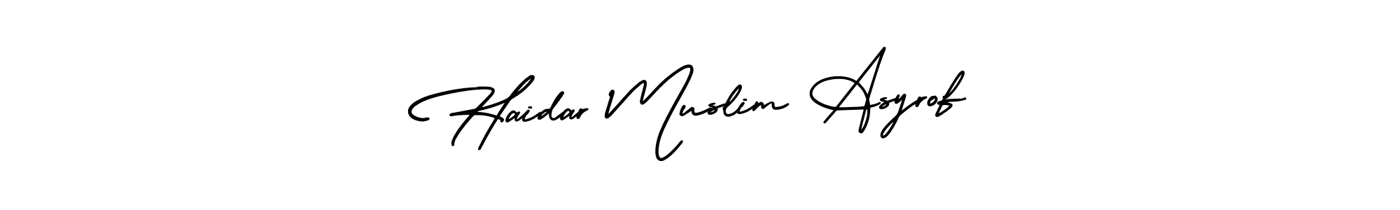 Use a signature maker to create a handwritten signature online. With this signature software, you can design (AmerikaSignatureDemo-Regular) your own signature for name Haidar Muslim Asyrof. Haidar Muslim Asyrof signature style 3 images and pictures png