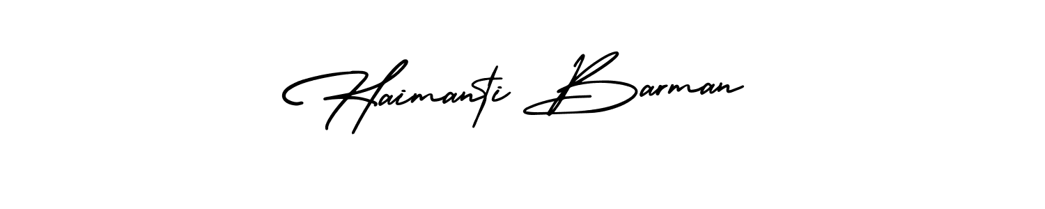 You should practise on your own different ways (AmerikaSignatureDemo-Regular) to write your name (Haimanti Barman) in signature. don't let someone else do it for you. Haimanti Barman signature style 3 images and pictures png
