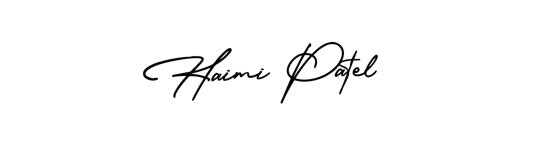 You should practise on your own different ways (AmerikaSignatureDemo-Regular) to write your name (Haimi Patel) in signature. don't let someone else do it for you. Haimi Patel signature style 3 images and pictures png