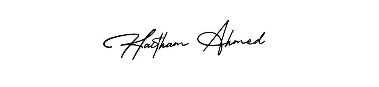 You should practise on your own different ways (AmerikaSignatureDemo-Regular) to write your name (Haitham Ahmed) in signature. don't let someone else do it for you. Haitham Ahmed signature style 3 images and pictures png