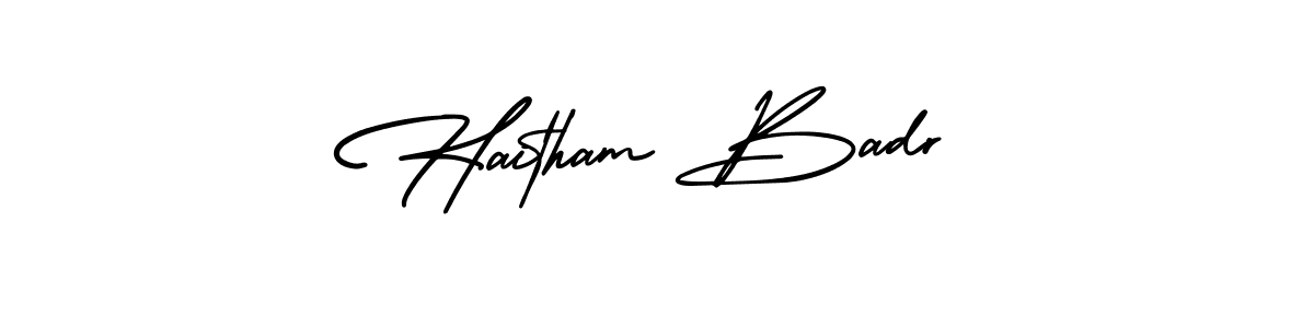 You should practise on your own different ways (AmerikaSignatureDemo-Regular) to write your name (Haitham Badr) in signature. don't let someone else do it for you. Haitham Badr signature style 3 images and pictures png