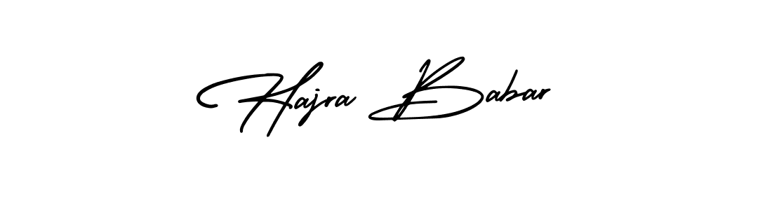 You should practise on your own different ways (AmerikaSignatureDemo-Regular) to write your name (Hajra Babar) in signature. don't let someone else do it for you. Hajra Babar signature style 3 images and pictures png