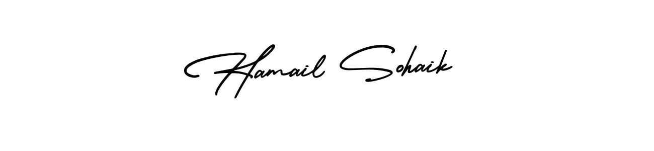 You should practise on your own different ways (AmerikaSignatureDemo-Regular) to write your name (Hamail Sohaik) in signature. don't let someone else do it for you. Hamail Sohaik signature style 3 images and pictures png