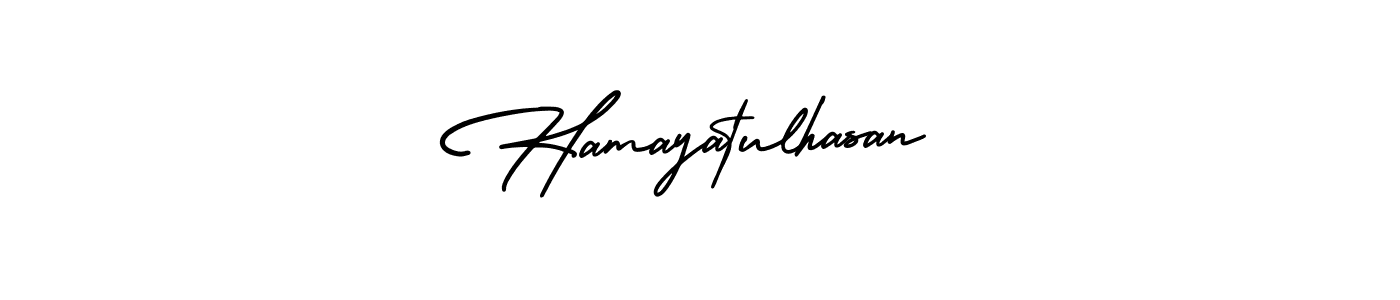 You should practise on your own different ways (AmerikaSignatureDemo-Regular) to write your name (Hamayatulhasan) in signature. don't let someone else do it for you. Hamayatulhasan signature style 3 images and pictures png