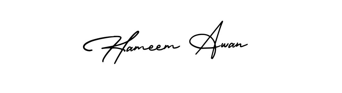 You should practise on your own different ways (AmerikaSignatureDemo-Regular) to write your name (Hameem Awan) in signature. don't let someone else do it for you. Hameem Awan signature style 3 images and pictures png