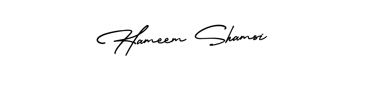 You should practise on your own different ways (AmerikaSignatureDemo-Regular) to write your name (Hameem Shamsi) in signature. don't let someone else do it for you. Hameem Shamsi signature style 3 images and pictures png