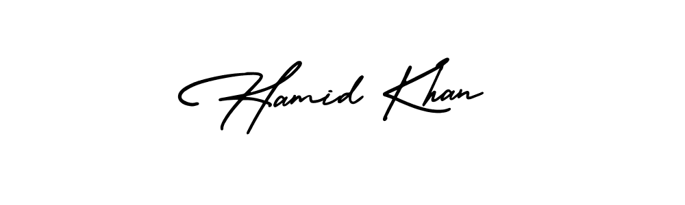 You should practise on your own different ways (AmerikaSignatureDemo-Regular) to write your name (Hamid Khan) in signature. don't let someone else do it for you. Hamid Khan signature style 3 images and pictures png