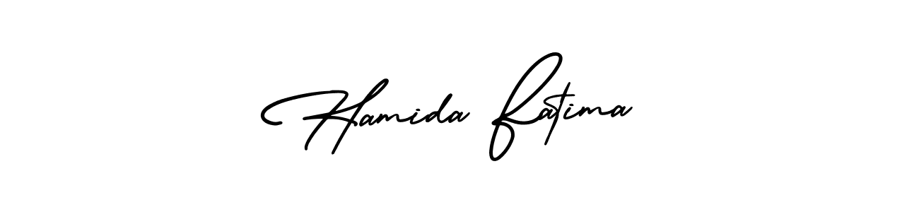 You should practise on your own different ways (AmerikaSignatureDemo-Regular) to write your name (Hamida Fatima) in signature. don't let someone else do it for you. Hamida Fatima signature style 3 images and pictures png