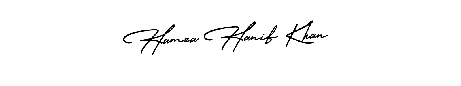 You should practise on your own different ways (AmerikaSignatureDemo-Regular) to write your name (Hamza Hanif Khan) in signature. don't let someone else do it for you. Hamza Hanif Khan signature style 3 images and pictures png