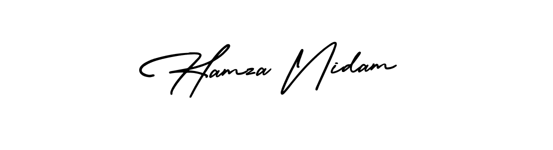 You should practise on your own different ways (AmerikaSignatureDemo-Regular) to write your name (Hamza Nidam) in signature. don't let someone else do it for you. Hamza Nidam signature style 3 images and pictures png