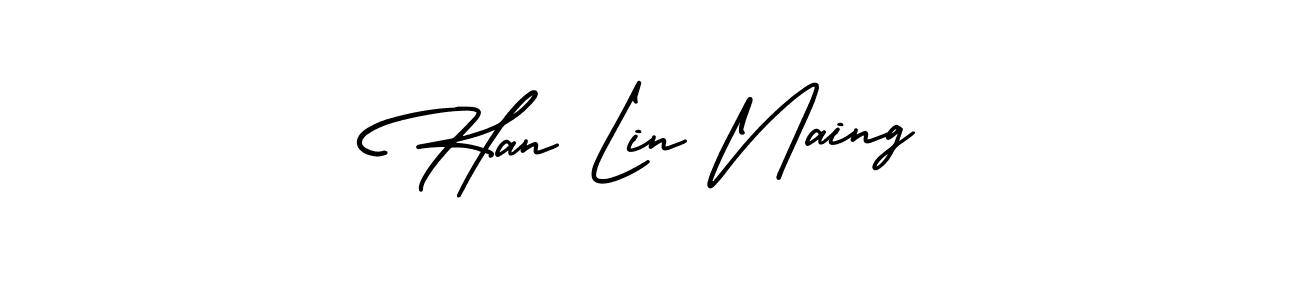 The best way (AmerikaSignatureDemo-Regular) to make a short signature is to pick only two or three words in your name. The name Han Lin Naing include a total of six letters. For converting this name. Han Lin Naing signature style 3 images and pictures png