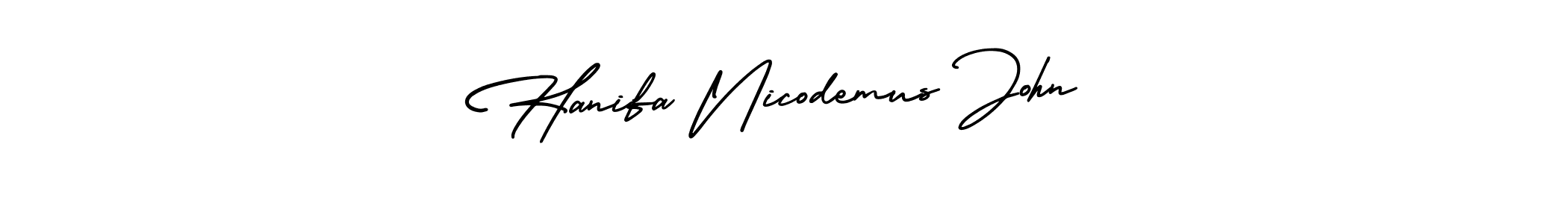 You should practise on your own different ways (AmerikaSignatureDemo-Regular) to write your name (Hanifa Nicodemus John) in signature. don't let someone else do it for you. Hanifa Nicodemus John signature style 3 images and pictures png