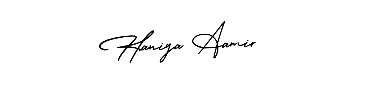 You should practise on your own different ways (AmerikaSignatureDemo-Regular) to write your name (Haniya Aamir) in signature. don't let someone else do it for you. Haniya Aamir signature style 3 images and pictures png