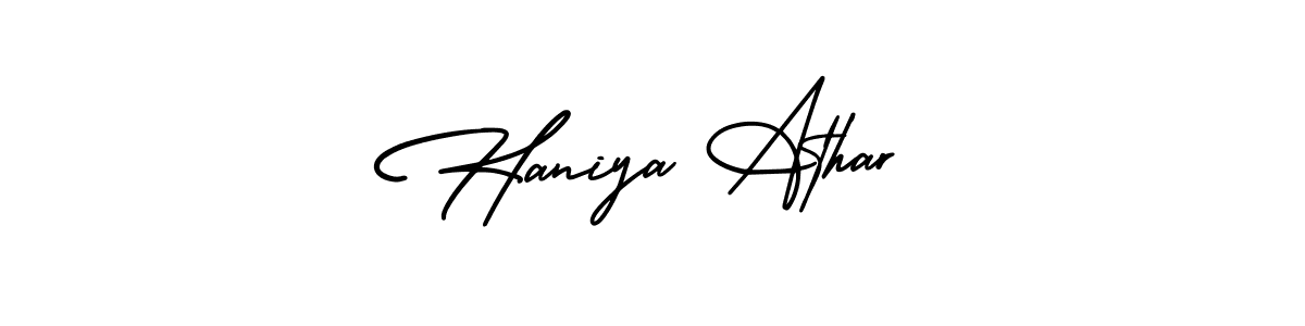 You should practise on your own different ways (AmerikaSignatureDemo-Regular) to write your name (Haniya Athar) in signature. don't let someone else do it for you. Haniya Athar signature style 3 images and pictures png
