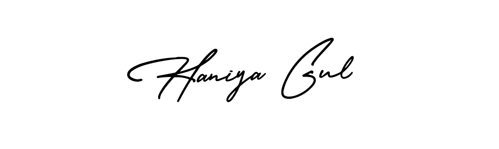 The best way (AmerikaSignatureDemo-Regular) to make a short signature is to pick only two or three words in your name. The name Haniya Gul include a total of six letters. For converting this name. Haniya Gul signature style 3 images and pictures png