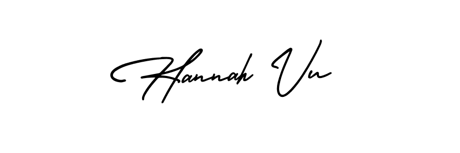 You should practise on your own different ways (AmerikaSignatureDemo-Regular) to write your name (Hannah Vu) in signature. don't let someone else do it for you. Hannah Vu signature style 3 images and pictures png