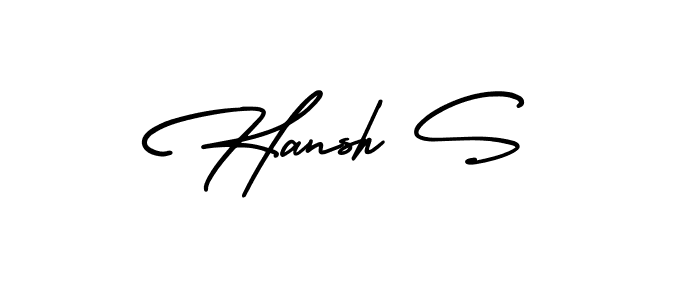 You should practise on your own different ways (AmerikaSignatureDemo-Regular) to write your name (Hansh S) in signature. don't let someone else do it for you. Hansh S signature style 3 images and pictures png