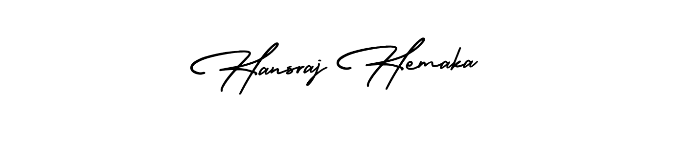 You should practise on your own different ways (AmerikaSignatureDemo-Regular) to write your name (Hansraj Hemaka) in signature. don't let someone else do it for you. Hansraj Hemaka signature style 3 images and pictures png