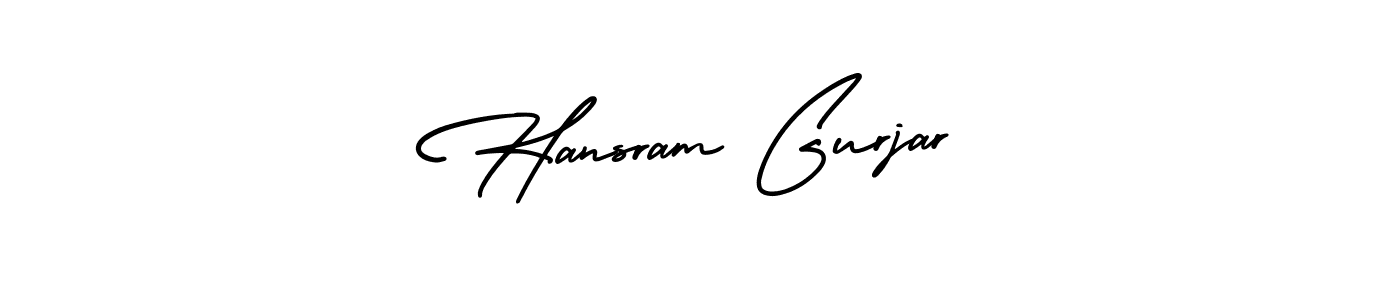The best way (AmerikaSignatureDemo-Regular) to make a short signature is to pick only two or three words in your name. The name Hansram Gurjar include a total of six letters. For converting this name. Hansram Gurjar signature style 3 images and pictures png