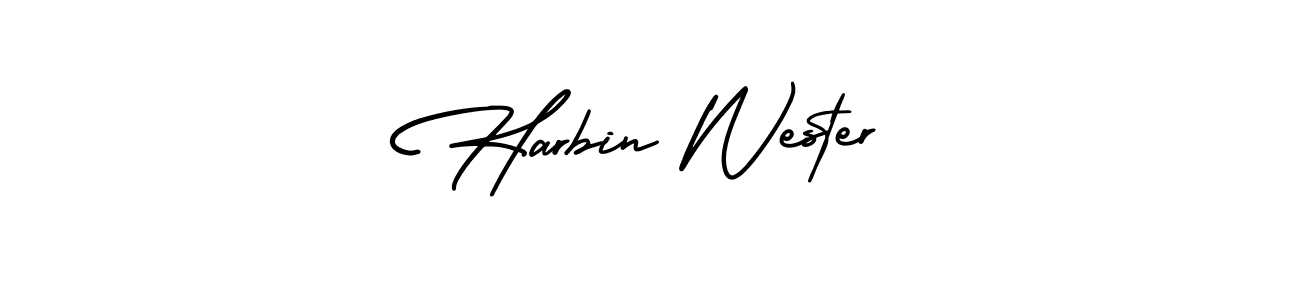 How to make Harbin Wester name signature. Use AmerikaSignatureDemo-Regular style for creating short signs online. This is the latest handwritten sign. Harbin Wester signature style 3 images and pictures png