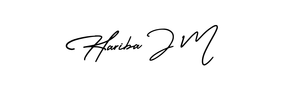 You should practise on your own different ways (AmerikaSignatureDemo-Regular) to write your name (Hariba J M) in signature. don't let someone else do it for you. Hariba J M signature style 3 images and pictures png