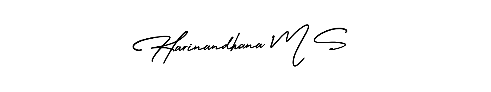 You should practise on your own different ways (AmerikaSignatureDemo-Regular) to write your name (Harinandhana M S) in signature. don't let someone else do it for you. Harinandhana M S signature style 3 images and pictures png