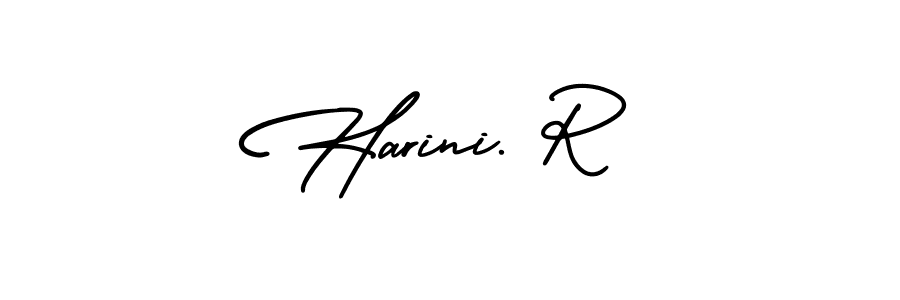 You should practise on your own different ways (AmerikaSignatureDemo-Regular) to write your name (Harini. R) in signature. don't let someone else do it for you. Harini. R signature style 3 images and pictures png