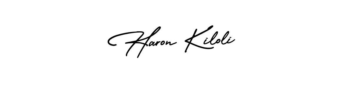 You should practise on your own different ways (AmerikaSignatureDemo-Regular) to write your name (Haron Kiloli) in signature. don't let someone else do it for you. Haron Kiloli signature style 3 images and pictures png
