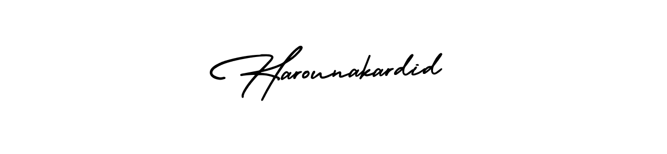 You should practise on your own different ways (AmerikaSignatureDemo-Regular) to write your name (Harounakardid) in signature. don't let someone else do it for you. Harounakardid signature style 3 images and pictures png