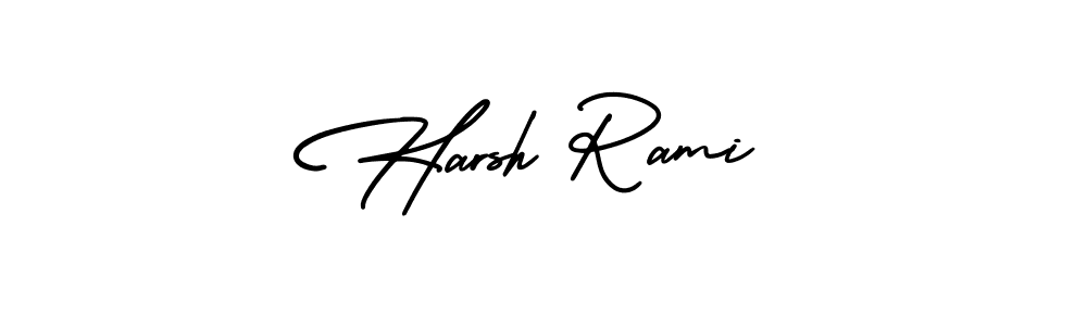 You should practise on your own different ways (AmerikaSignatureDemo-Regular) to write your name (Harsh Rami) in signature. don't let someone else do it for you. Harsh Rami signature style 3 images and pictures png
