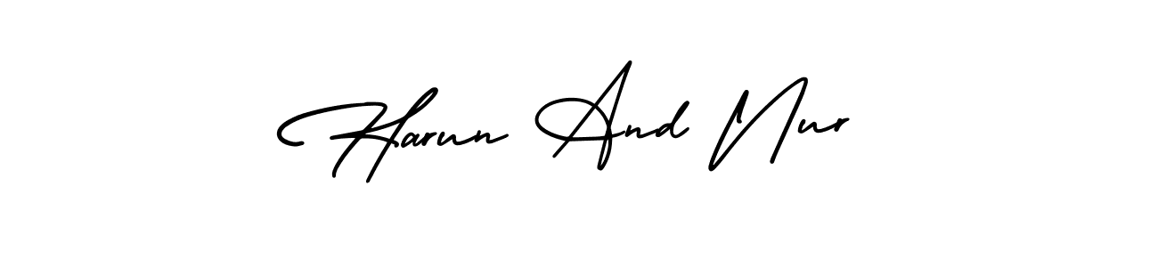 The best way (AmerikaSignatureDemo-Regular) to make a short signature is to pick only two or three words in your name. The name Harun And Nur include a total of six letters. For converting this name. Harun And Nur signature style 3 images and pictures png