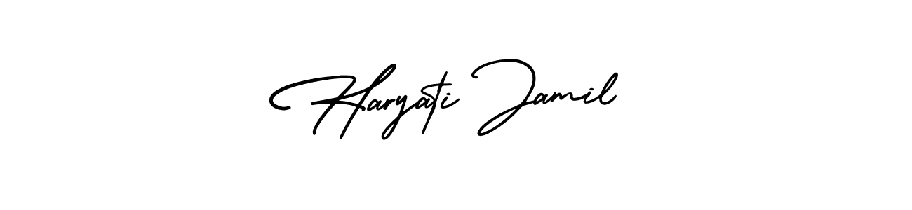 You should practise on your own different ways (AmerikaSignatureDemo-Regular) to write your name (Haryati Jamil) in signature. don't let someone else do it for you. Haryati Jamil signature style 3 images and pictures png