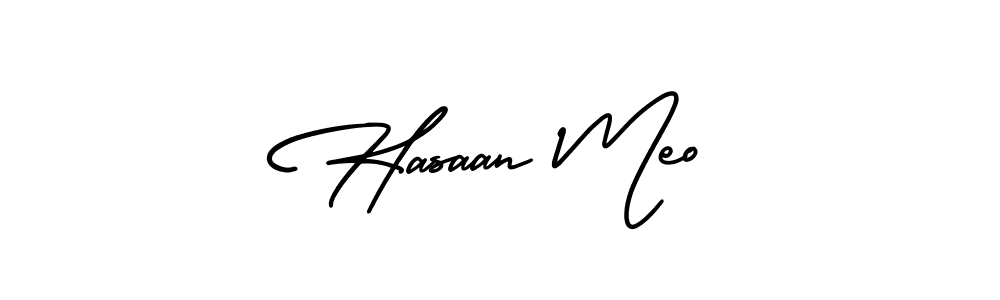 You should practise on your own different ways (AmerikaSignatureDemo-Regular) to write your name (Hasaan Meo) in signature. don't let someone else do it for you. Hasaan Meo signature style 3 images and pictures png