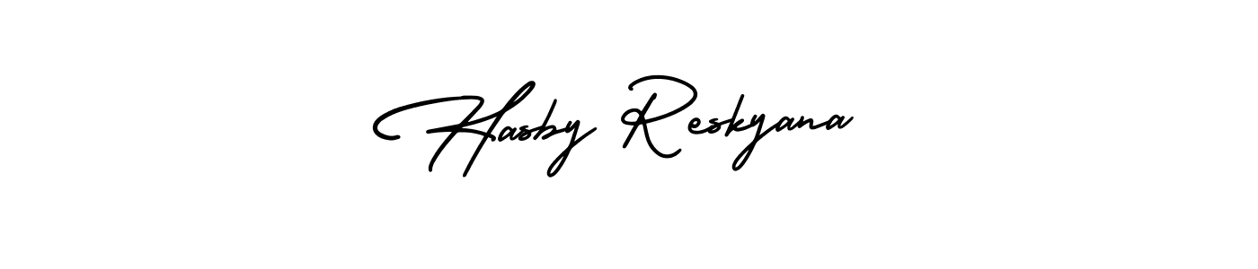 You should practise on your own different ways (AmerikaSignatureDemo-Regular) to write your name (Hasby Reskyana) in signature. don't let someone else do it for you. Hasby Reskyana signature style 3 images and pictures png