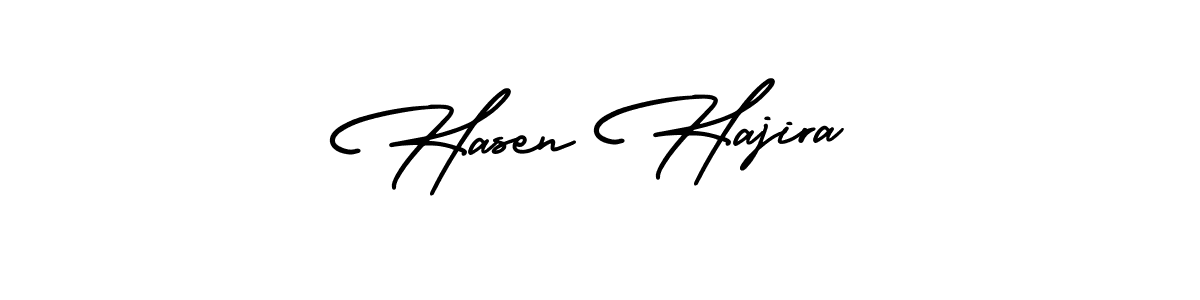 You should practise on your own different ways (AmerikaSignatureDemo-Regular) to write your name (Hasen Hajira) in signature. don't let someone else do it for you. Hasen Hajira signature style 3 images and pictures png
