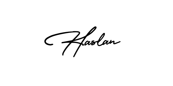 How to make Haslan name signature. Use AmerikaSignatureDemo-Regular style for creating short signs online. This is the latest handwritten sign. Haslan signature style 3 images and pictures png