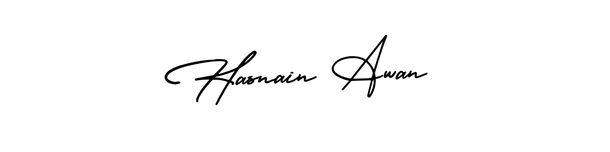 You should practise on your own different ways (AmerikaSignatureDemo-Regular) to write your name (Hasnain Awan) in signature. don't let someone else do it for you. Hasnain Awan signature style 3 images and pictures png