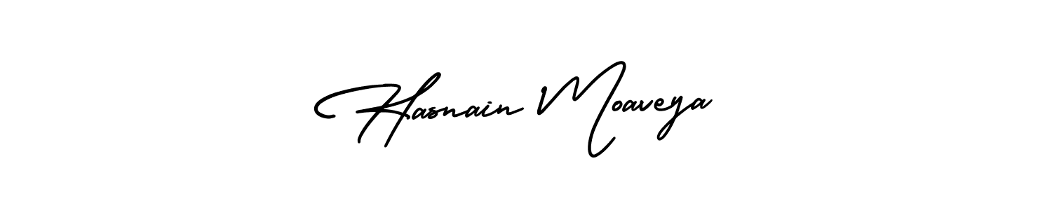 The best way (AmerikaSignatureDemo-Regular) to make a short signature is to pick only two or three words in your name. The name Hasnain Moaveya include a total of six letters. For converting this name. Hasnain Moaveya signature style 3 images and pictures png