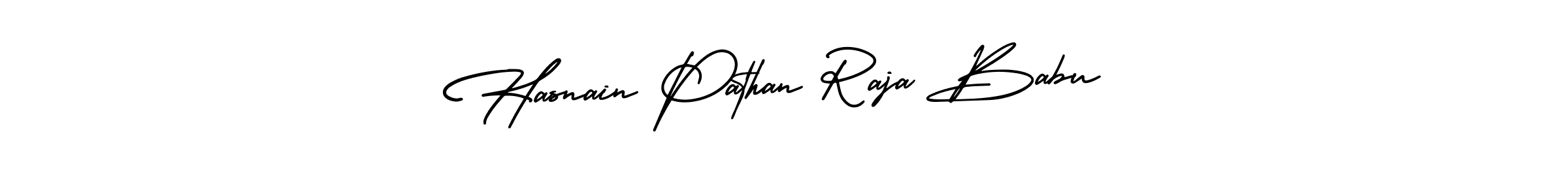 You should practise on your own different ways (AmerikaSignatureDemo-Regular) to write your name (Hasnain Pathan Raja Babu) in signature. don't let someone else do it for you. Hasnain Pathan Raja Babu signature style 3 images and pictures png