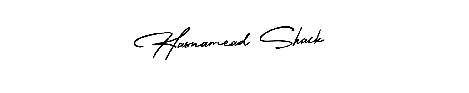 This is the best signature style for the Hasnamead Shaik name. Also you like these signature font (AmerikaSignatureDemo-Regular). Mix name signature. Hasnamead Shaik signature style 3 images and pictures png