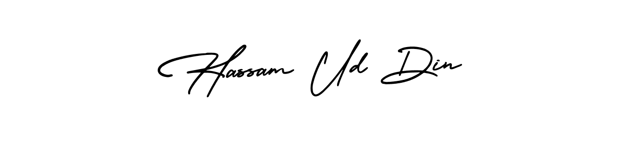 You should practise on your own different ways (AmerikaSignatureDemo-Regular) to write your name (Hassam Ud Din) in signature. don't let someone else do it for you. Hassam Ud Din signature style 3 images and pictures png