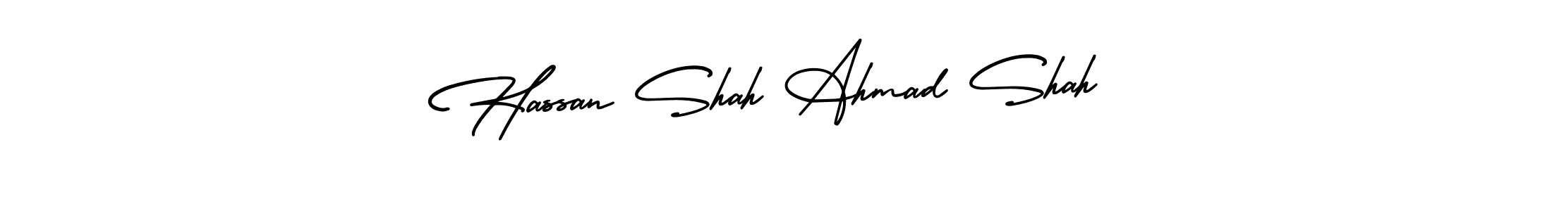 You should practise on your own different ways (AmerikaSignatureDemo-Regular) to write your name (Hassan Shah Ahmad Shah) in signature. don't let someone else do it for you. Hassan Shah Ahmad Shah signature style 3 images and pictures png