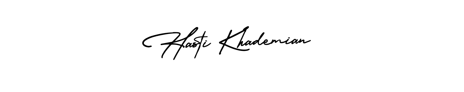 The best way (AmerikaSignatureDemo-Regular) to make a short signature is to pick only two or three words in your name. The name Hasti Khademian include a total of six letters. For converting this name. Hasti Khademian signature style 3 images and pictures png