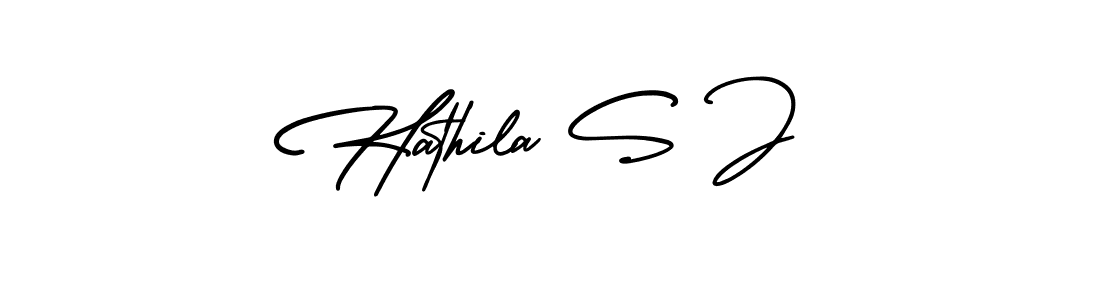 The best way (AmerikaSignatureDemo-Regular) to make a short signature is to pick only two or three words in your name. The name Hathila S J include a total of six letters. For converting this name. Hathila S J signature style 3 images and pictures png