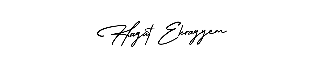 You should practise on your own different ways (AmerikaSignatureDemo-Regular) to write your name (Hayat Ekrayyem) in signature. don't let someone else do it for you. Hayat Ekrayyem signature style 3 images and pictures png