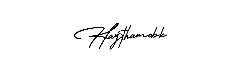 Use a signature maker to create a handwritten signature online. With this signature software, you can design (AmerikaSignatureDemo-Regular) your own signature for name Haythamobk. Haythamobk signature style 3 images and pictures png